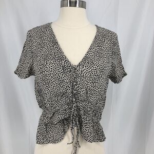 HM Size6 Beige Print V Neck Drawstring Short Sleeve Blouse
